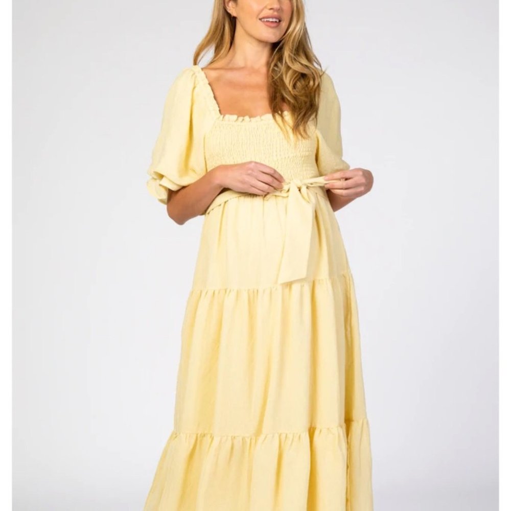PINKBLUSH Yellow Smocked Tiered Maternity Dress!!